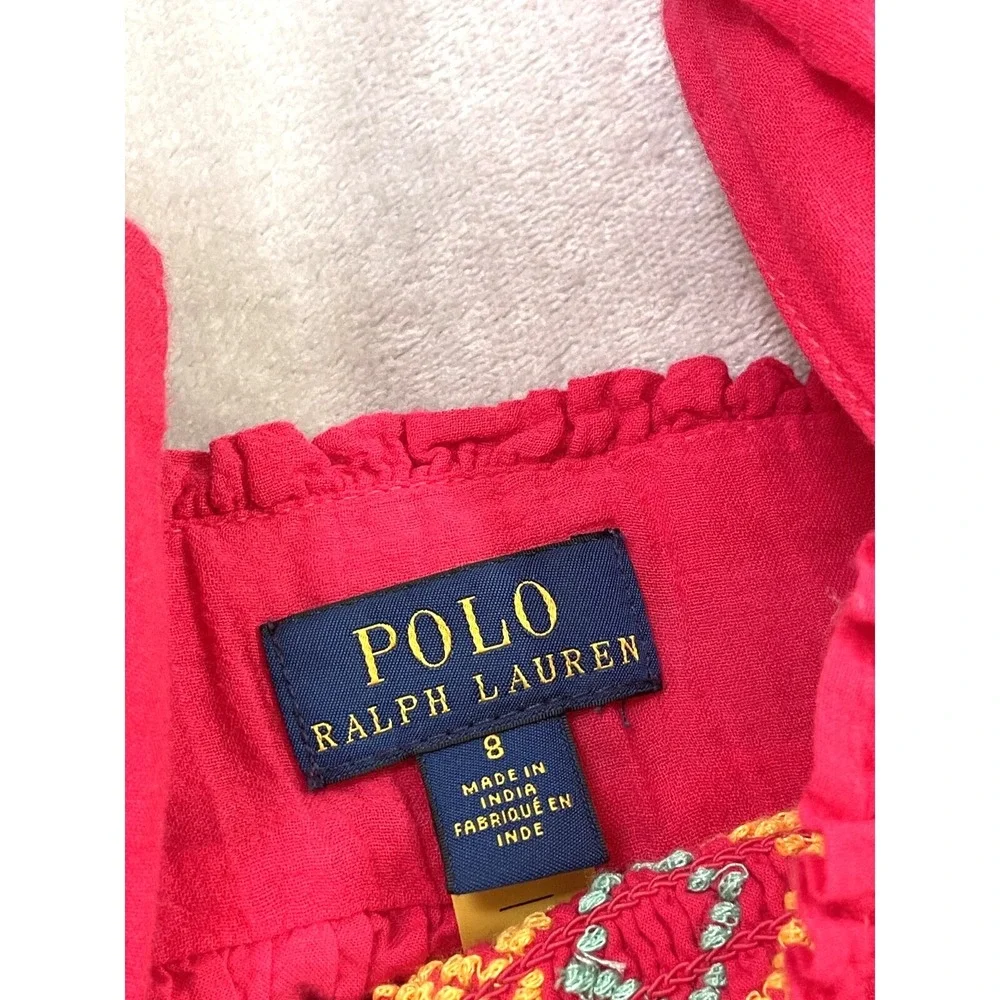Ralph Lauren Top & Pants Set Girls 8 Red Ruffled Cotton Gauze Crochet Trim